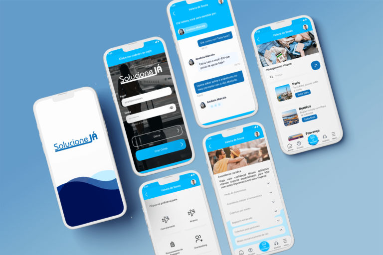 Telas do app Solucione Já em mockups de iPhone sobre fundo azul: login, chat com analista e planejamento de viagens