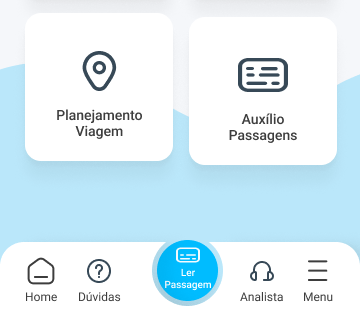 Tela de opções iniciais do app com o botão de escaneamento de passagem em destaque