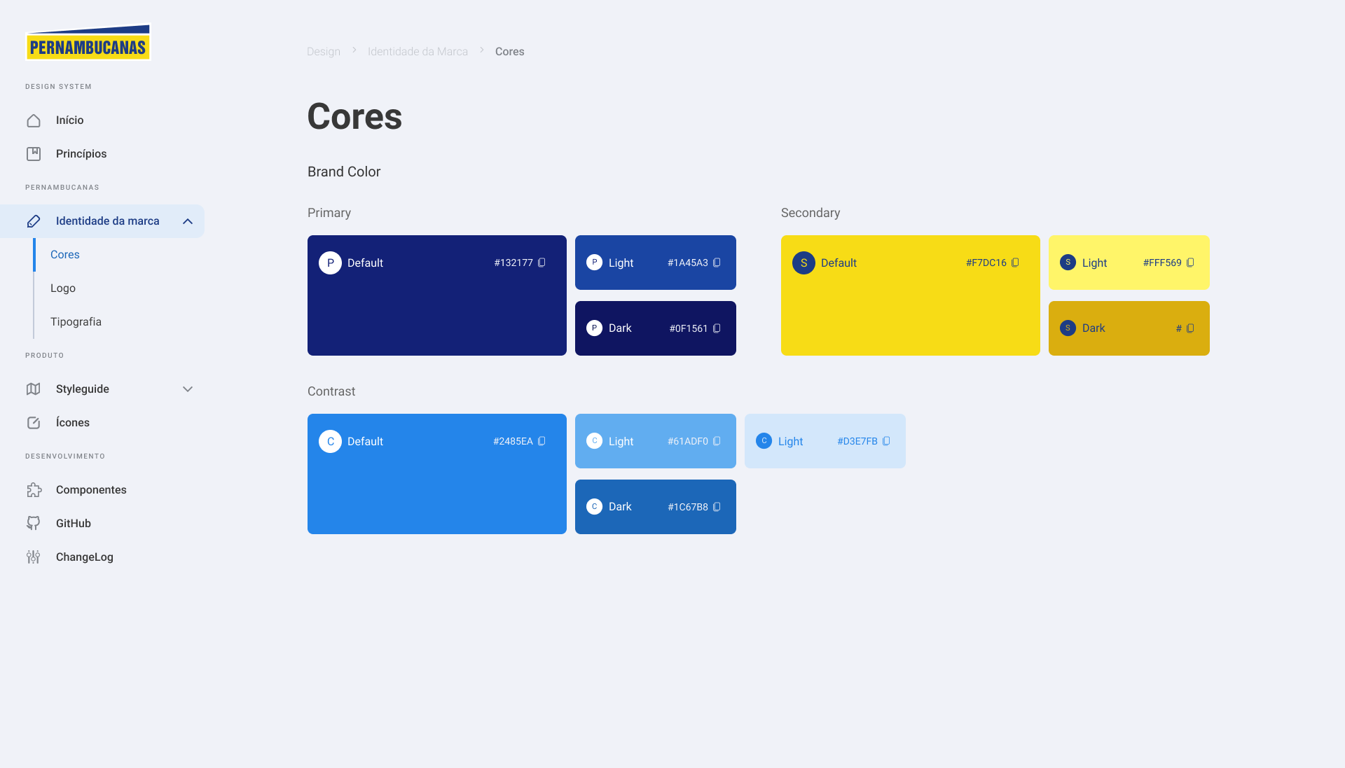 Paleta de cores secundárias e de apoio do Design System