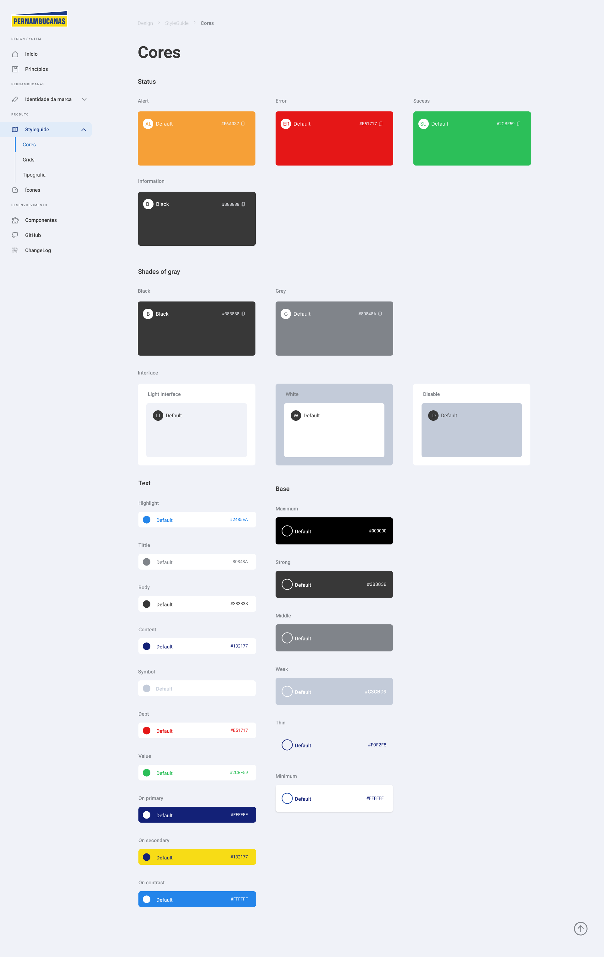 Paleta de cores primárias do Design System Pernambucanas