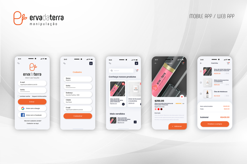 Protótipos do site e app da farmácia de manipulação Erva da Terra