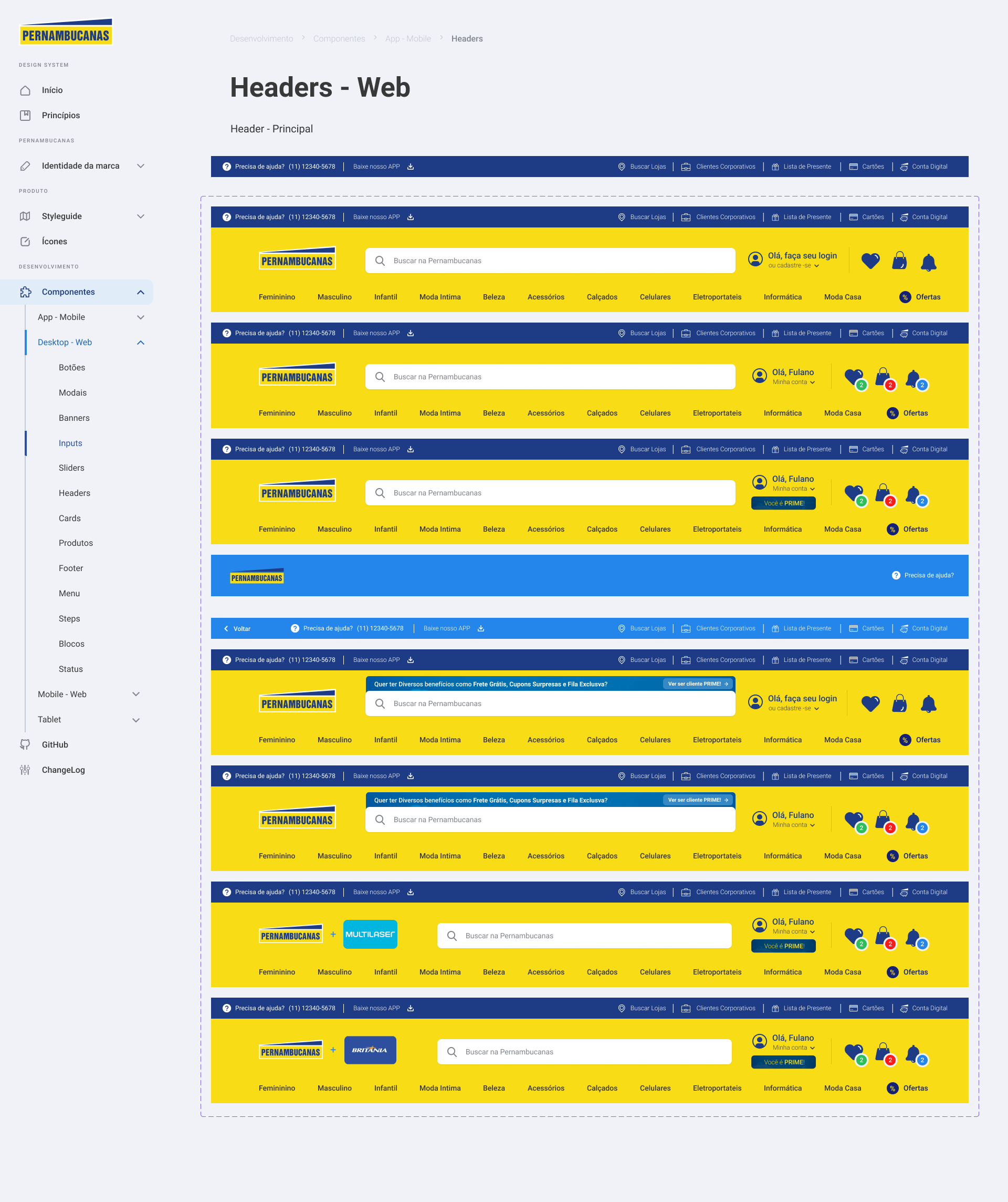 Headers desktop do Design System