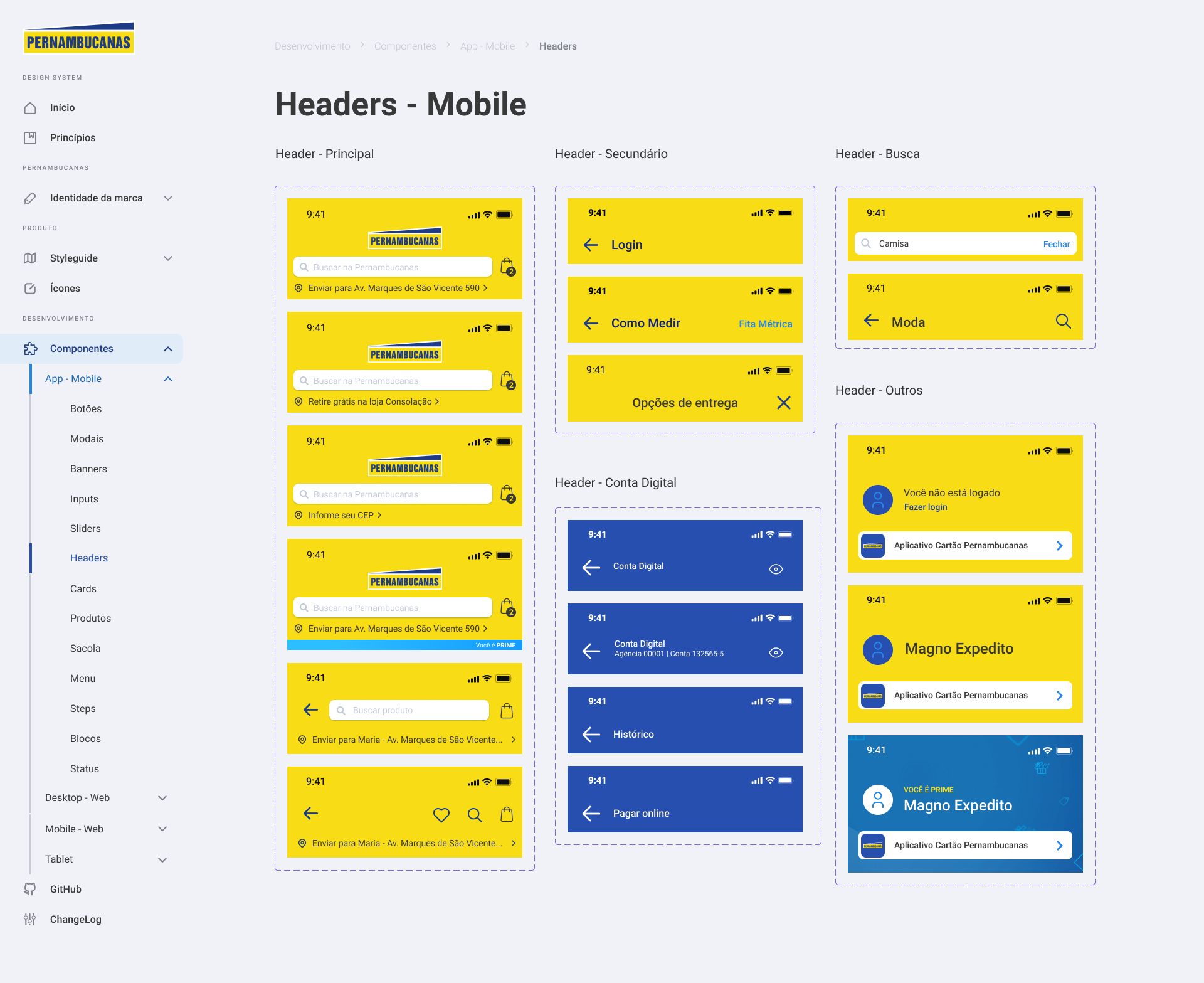 Headers mobile do Design System