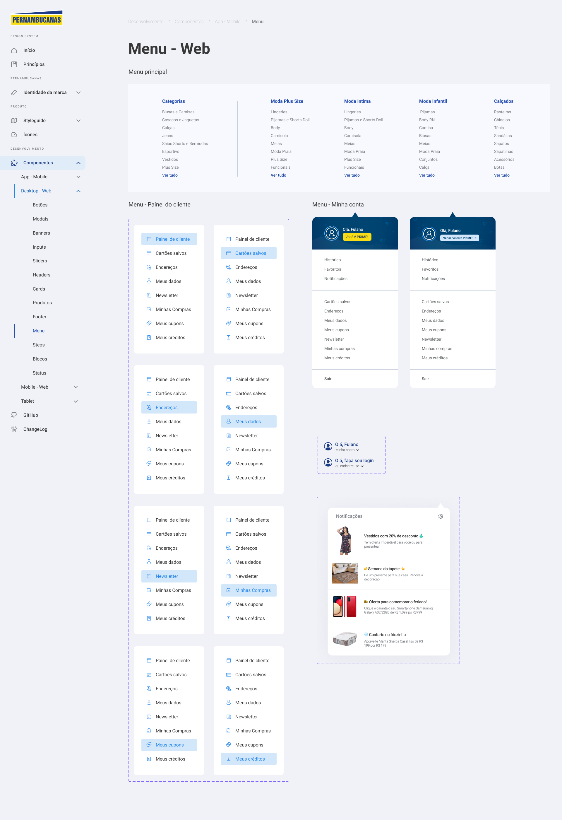 Menus desktop do Design System