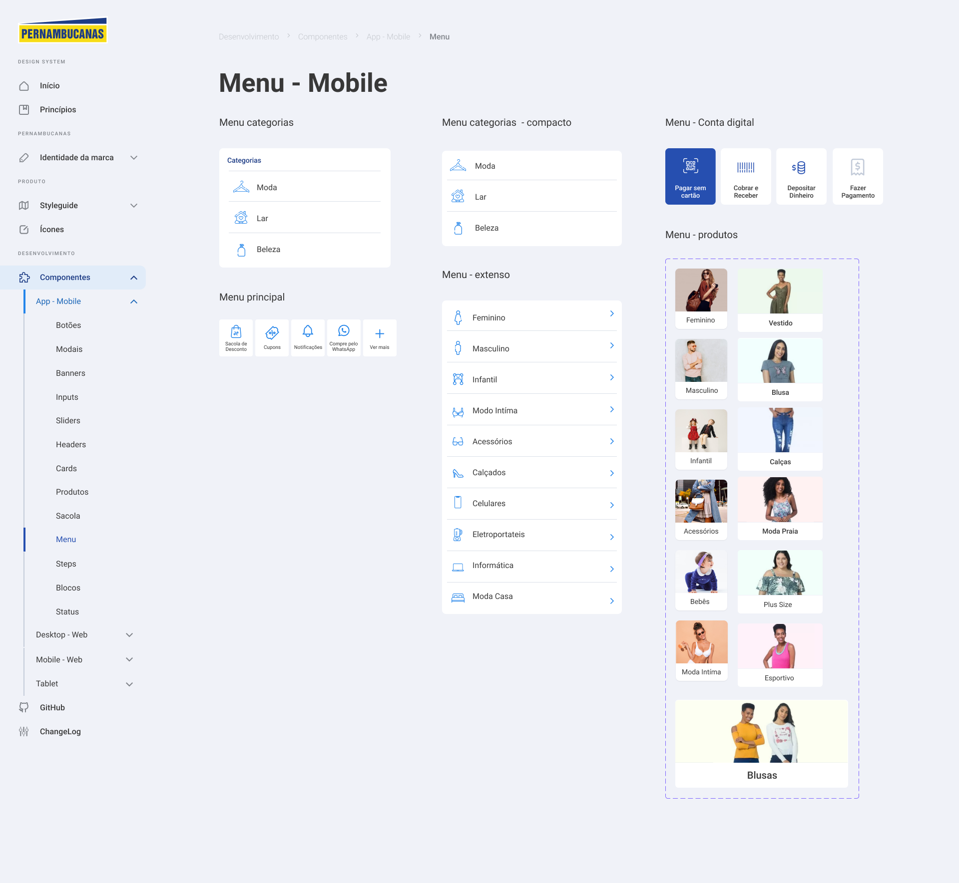 Menus mobile do Design System