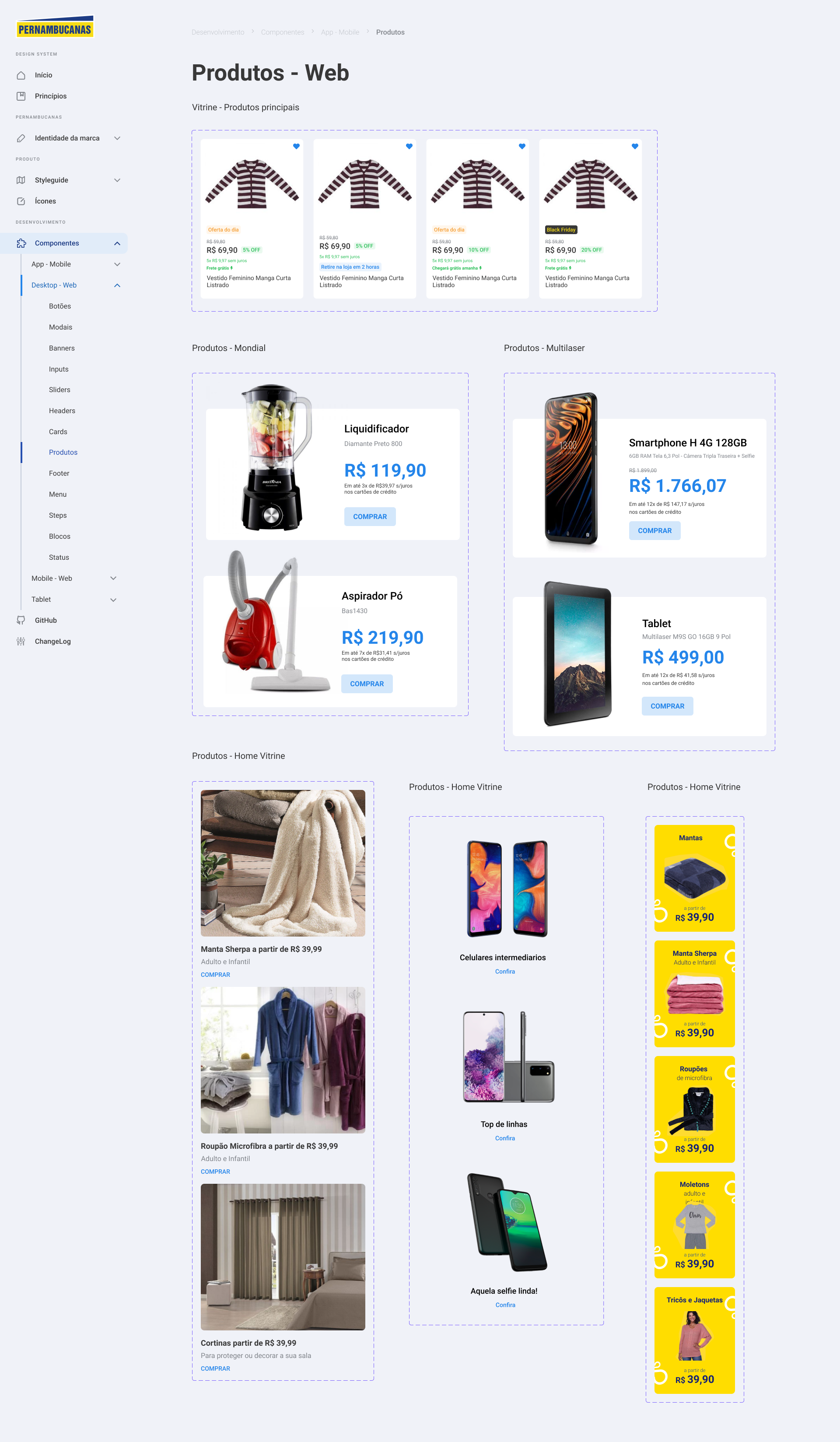 Cards de produto desktop do Design System