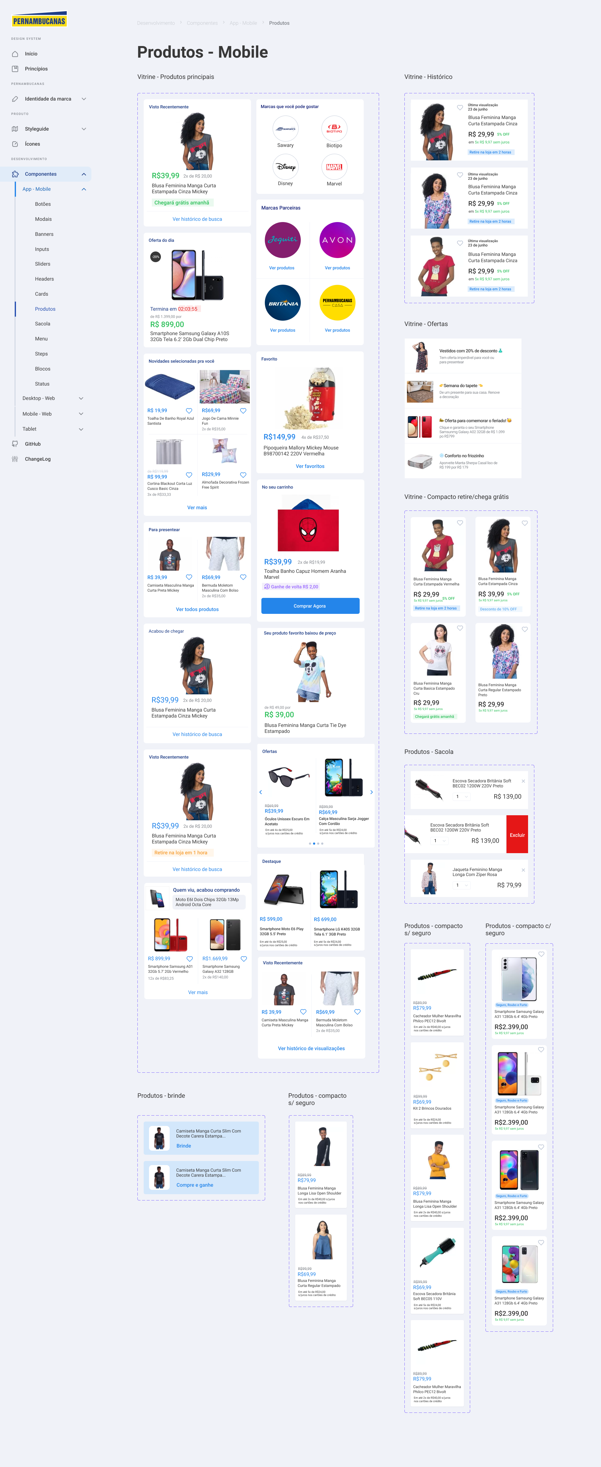 Cards de produto do Design System do Live Commerce da Pernambucanas