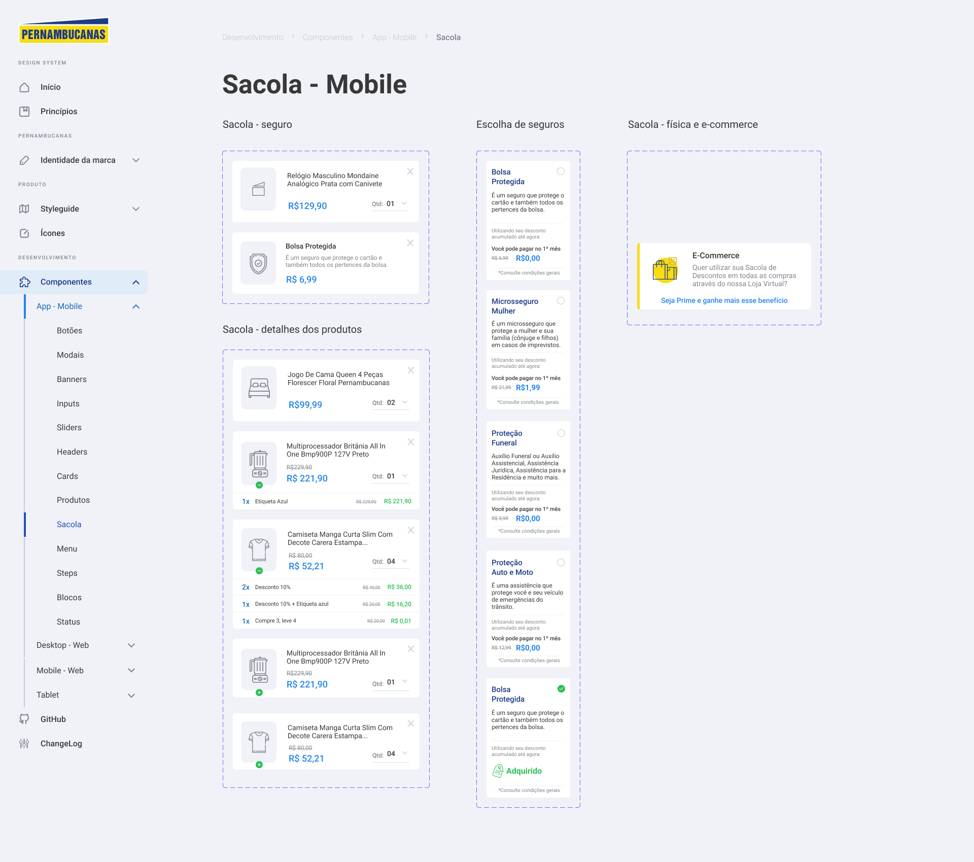 Sacola de compras mobile do Design System