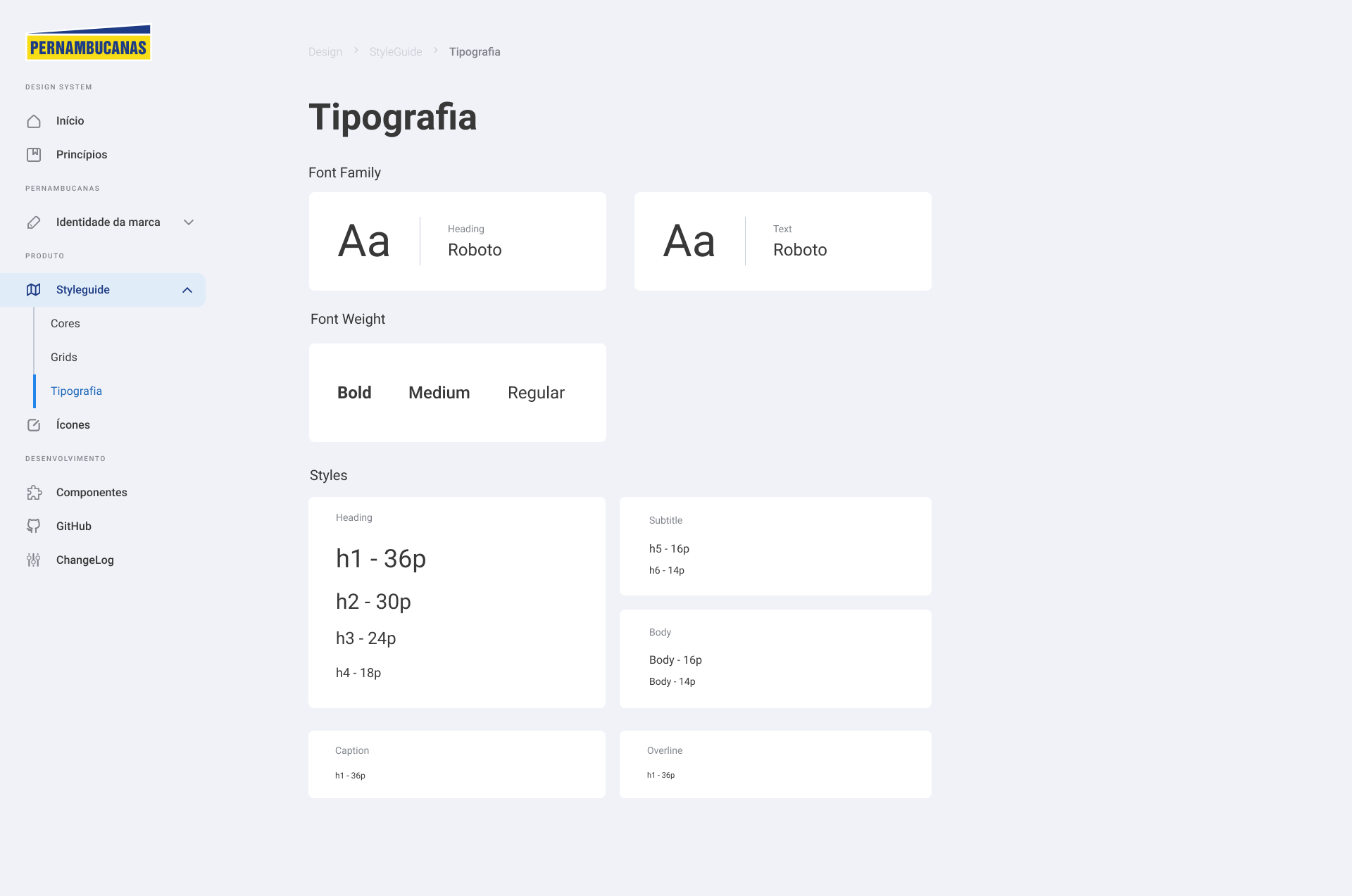 Escala tipográfica do Design System com a fonte Roboto