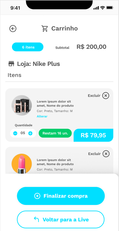 Fluxo do carrinho de compras depois do redesign, com menos passos e ícones em todos os botões