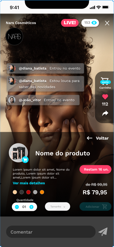 Live com carrinho integrado: o usuário finaliza a compra sem sair da transmissão