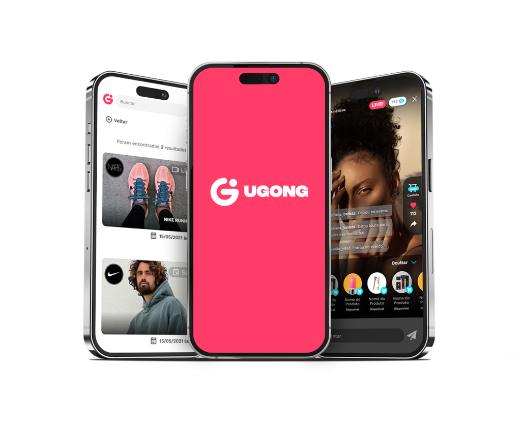 Interface da plataforma de live commerce Ugong exibida em vários dispositivos