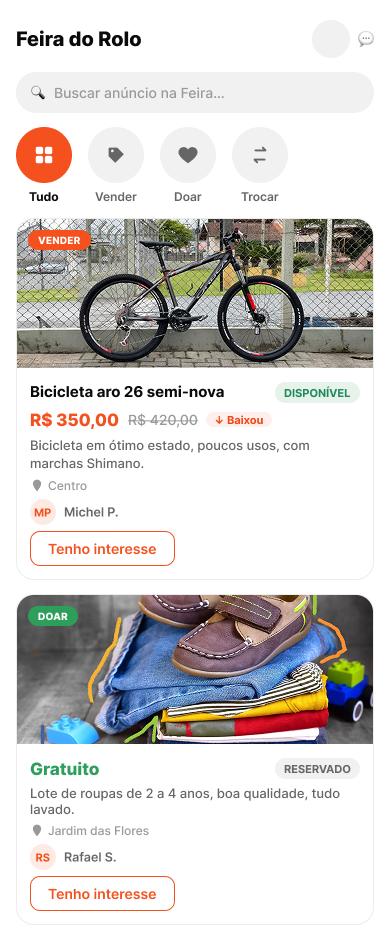 Aba Feira do Rolo do HelpCiti: filtros Tudo, Vender, Doar e Trocar, com anúncios de bicicleta à venda e lote de roupas para doação