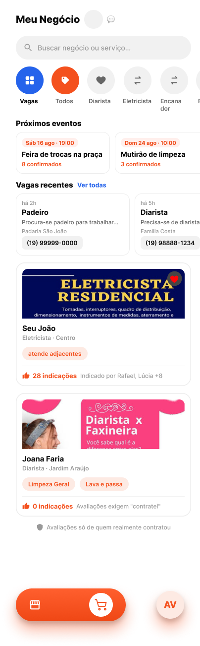 Aba Meu Negócio do HelpCiti: busca, filtros por categoria de serviço, próximos eventos, vagas recentes e cards de profissionais com contagem de indicações