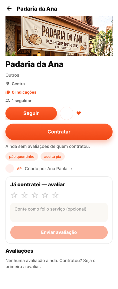 Perfil de negócio no HelpCiti: capa da Padaria da Ana, contagem de indicações e seguidores, botões Seguir e Contratar, e o bloco de avaliação restrito a quem contratou