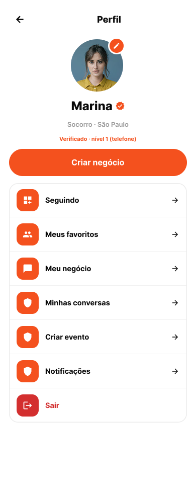 Tela de perfil do HelpCiti: foto, nome, cidade e o selo Verificado nível 1 (telefone), com atalhos para negócio, favoritos e conversas